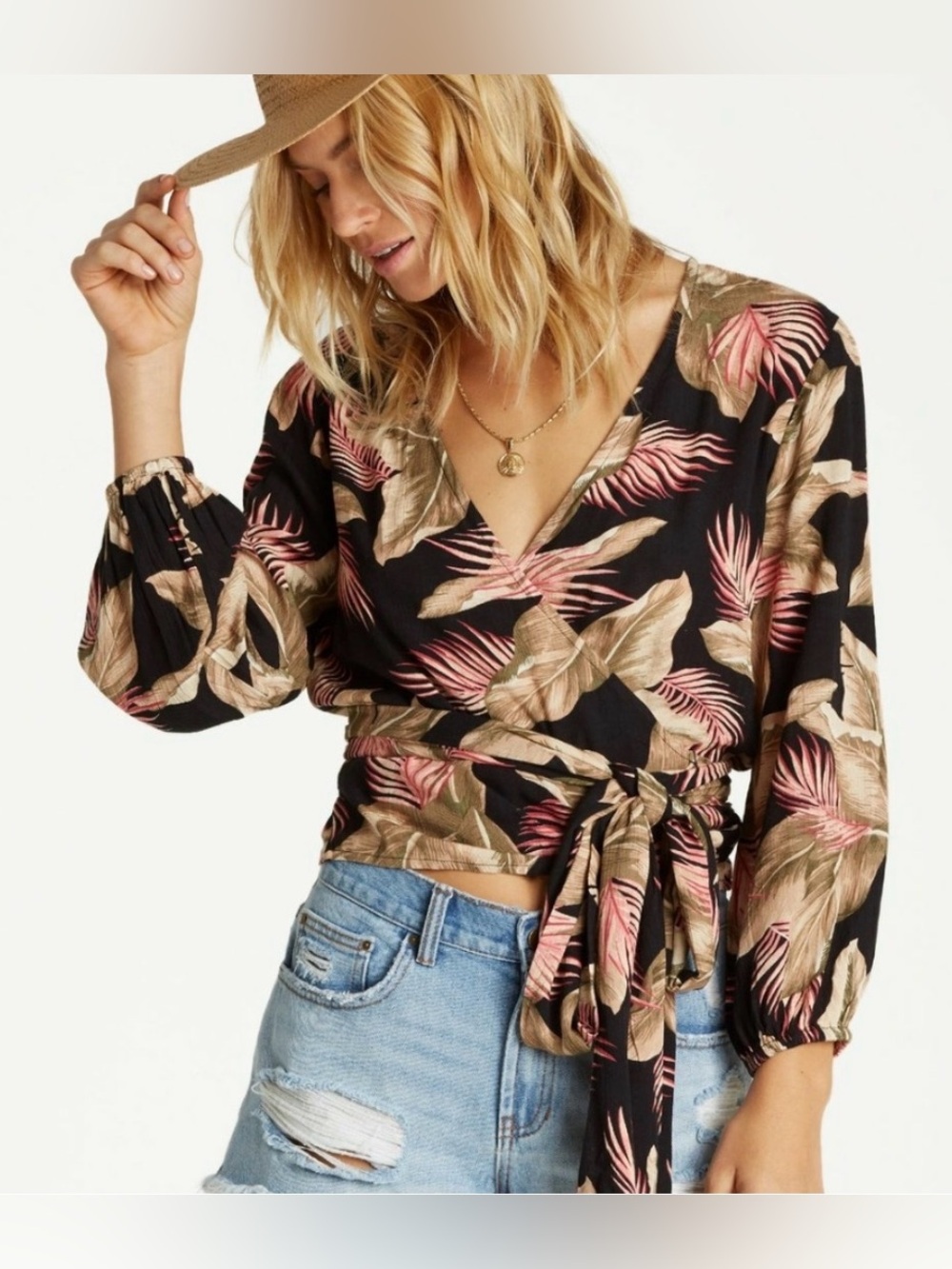 🌺 Billabong Tropical Palm Long Sleeve Wrap Crop Top - Women’s Size L 🌿